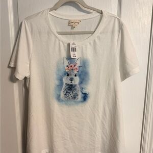 White Tee with Floral Crown Bunny Graphic